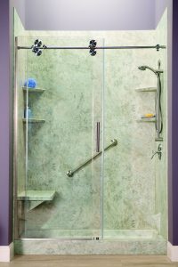 Brandeis Bathroom Remodeling San Michele Travetine with Barn Door 4 200x300